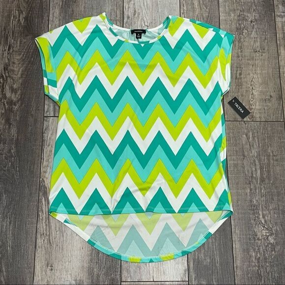 NWT Tacera Chevron Pattern Short Sleeve Blouse Teal White Lime Green Size Small - Picture 8 of 12